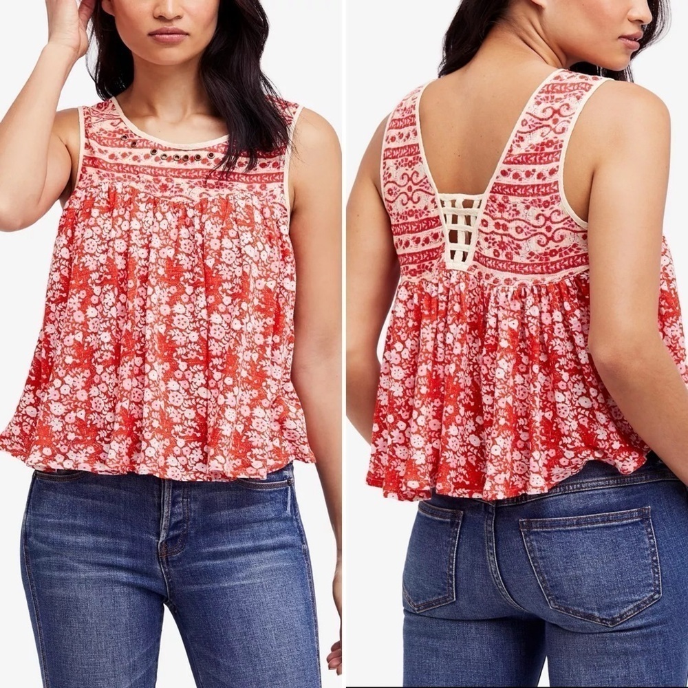 Free People Lucky Coin Sleeveless Top XS linen red floral tank blouse flowy boho
